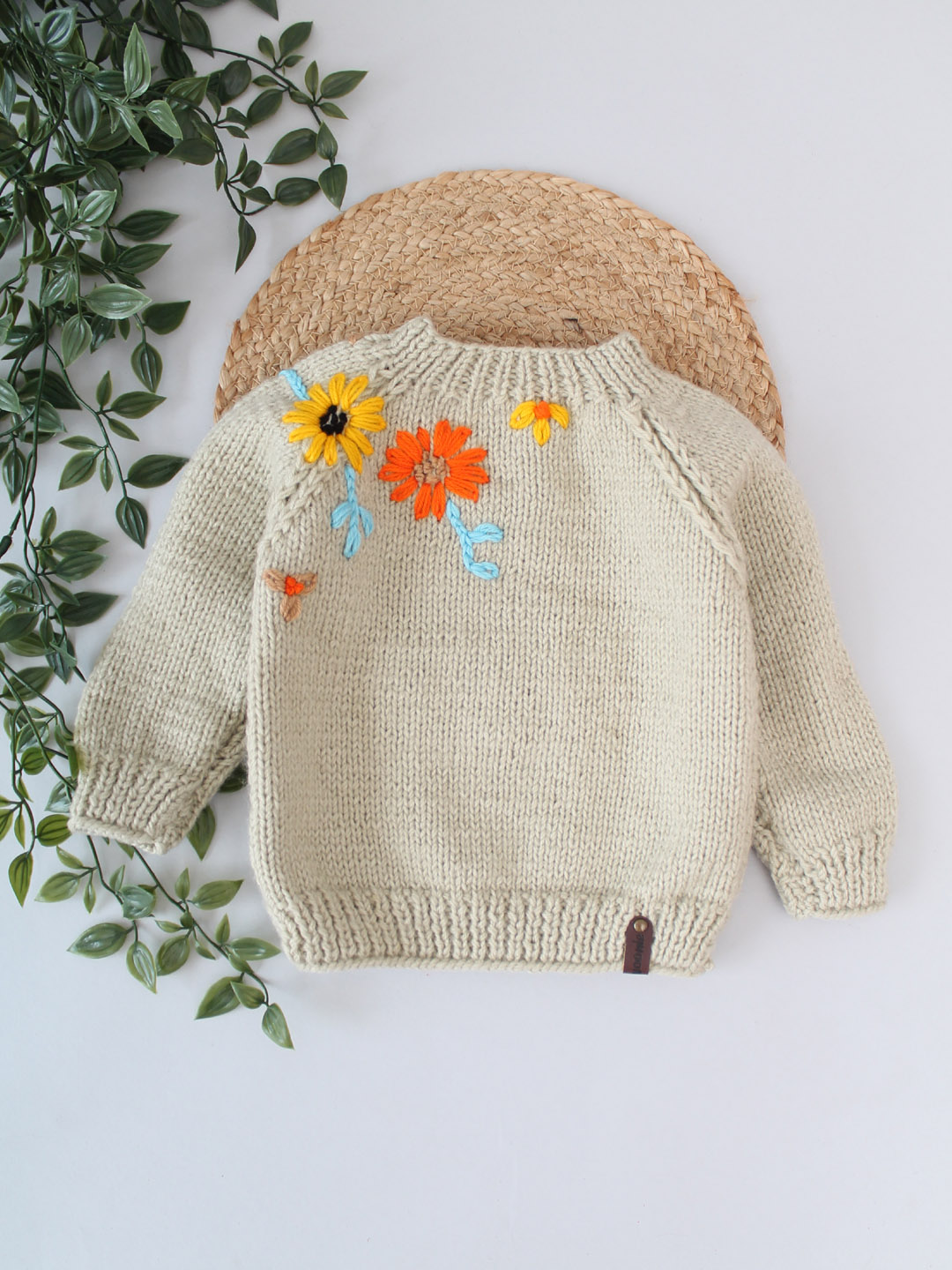Handknitted Floral Embroidered Sweater for Kids - Beige