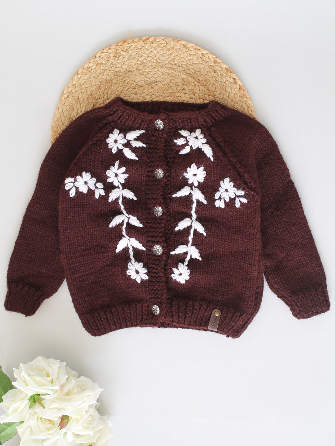 Handknitted Floral Embroidered Sweater for Kids - Brown