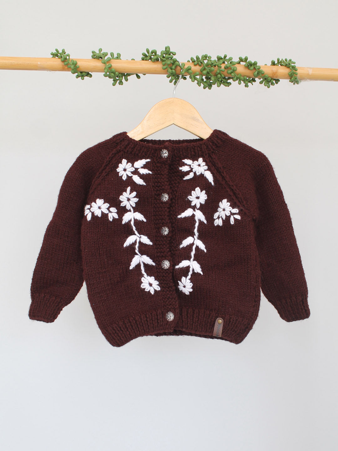 Handknitted Floral Embroidered Sweater for Kids - Brown