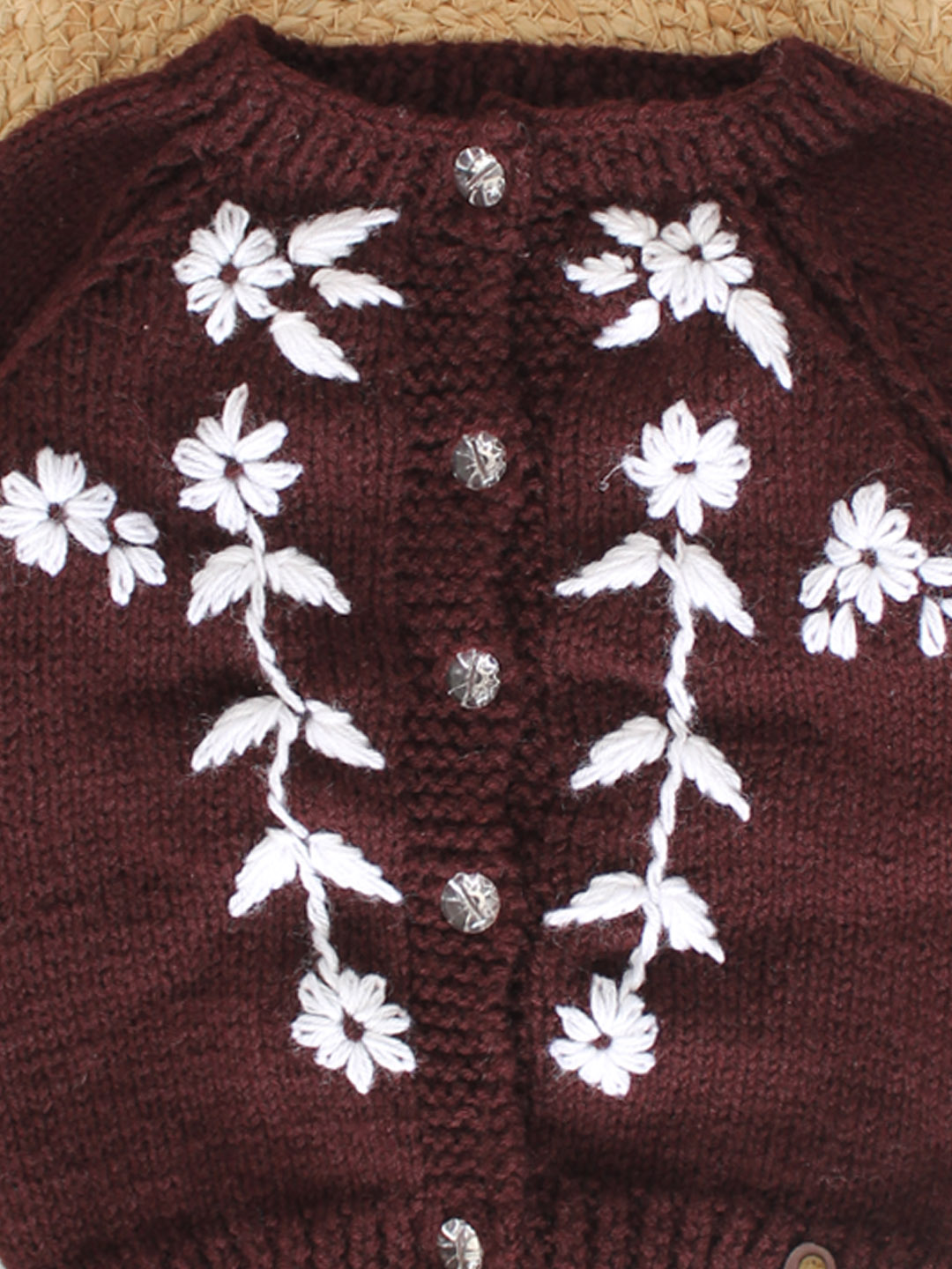 Handknitted Floral Embroidered Sweater for Kids - Brown
