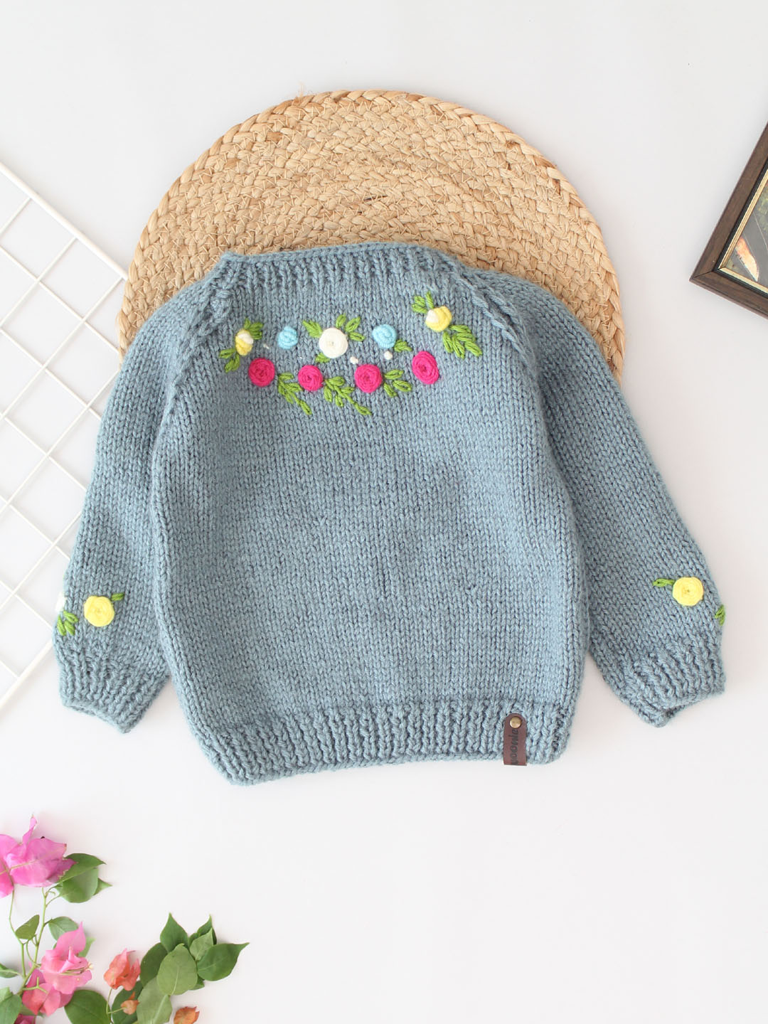Handknitted Floral Embroidered Sweater for Kids - Grey