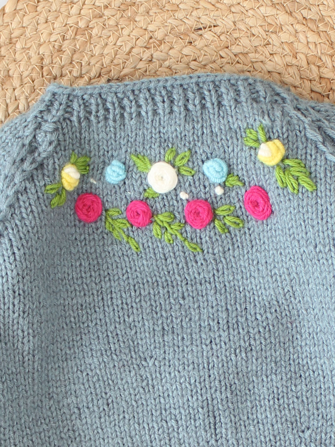 Handknitted Floral Embroidered Sweater for Kids - Grey