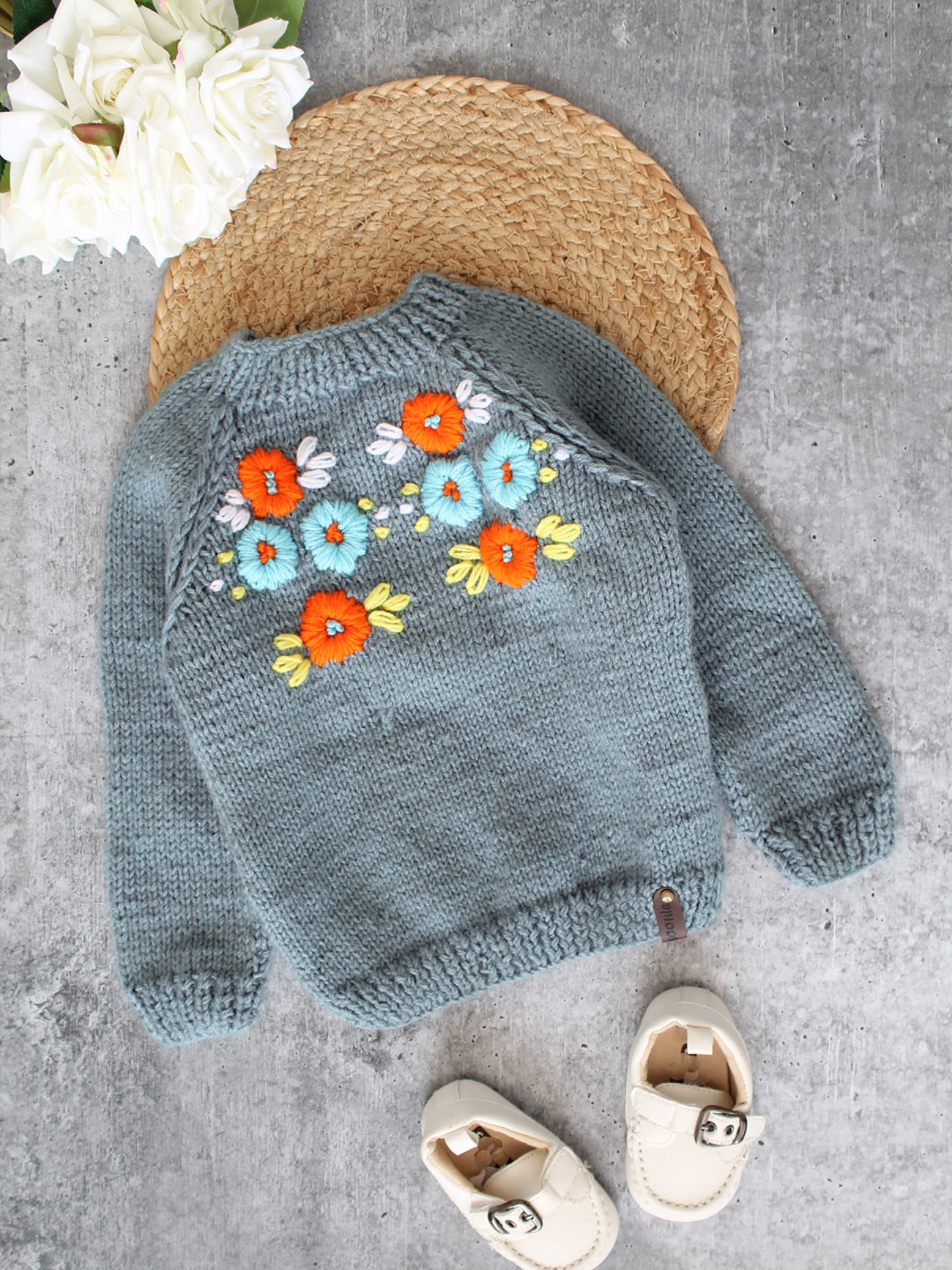 Handknitted Floral Embroidered Sweater for Kids - Light Grey