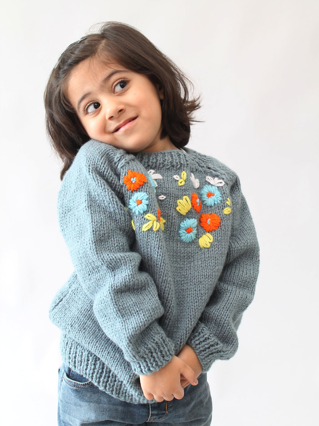 Handknitted Floral Embroidered Sweater for Kids - Light Grey