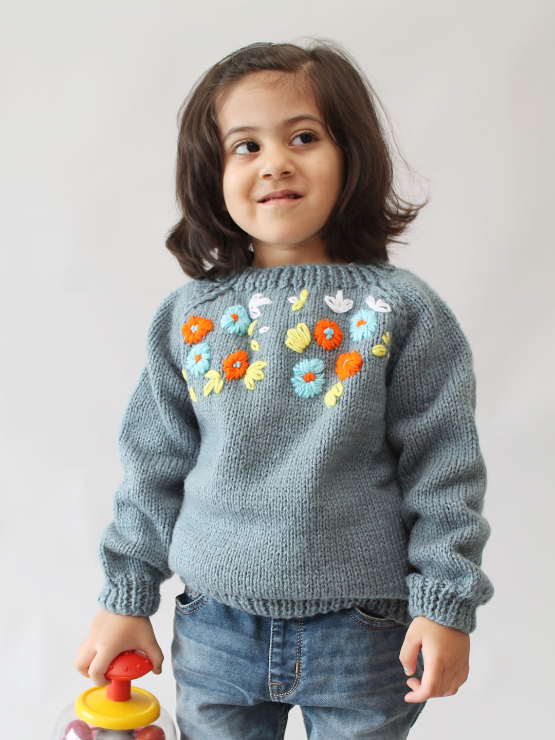 Handknitted Floral Embroidered Sweater for Kids - Light Grey