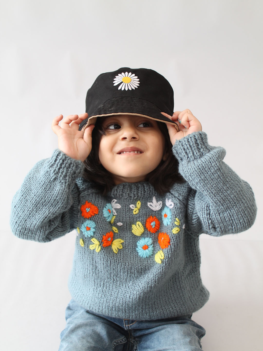 Handknitted Floral Embroidered Sweater for Kids - Light Grey