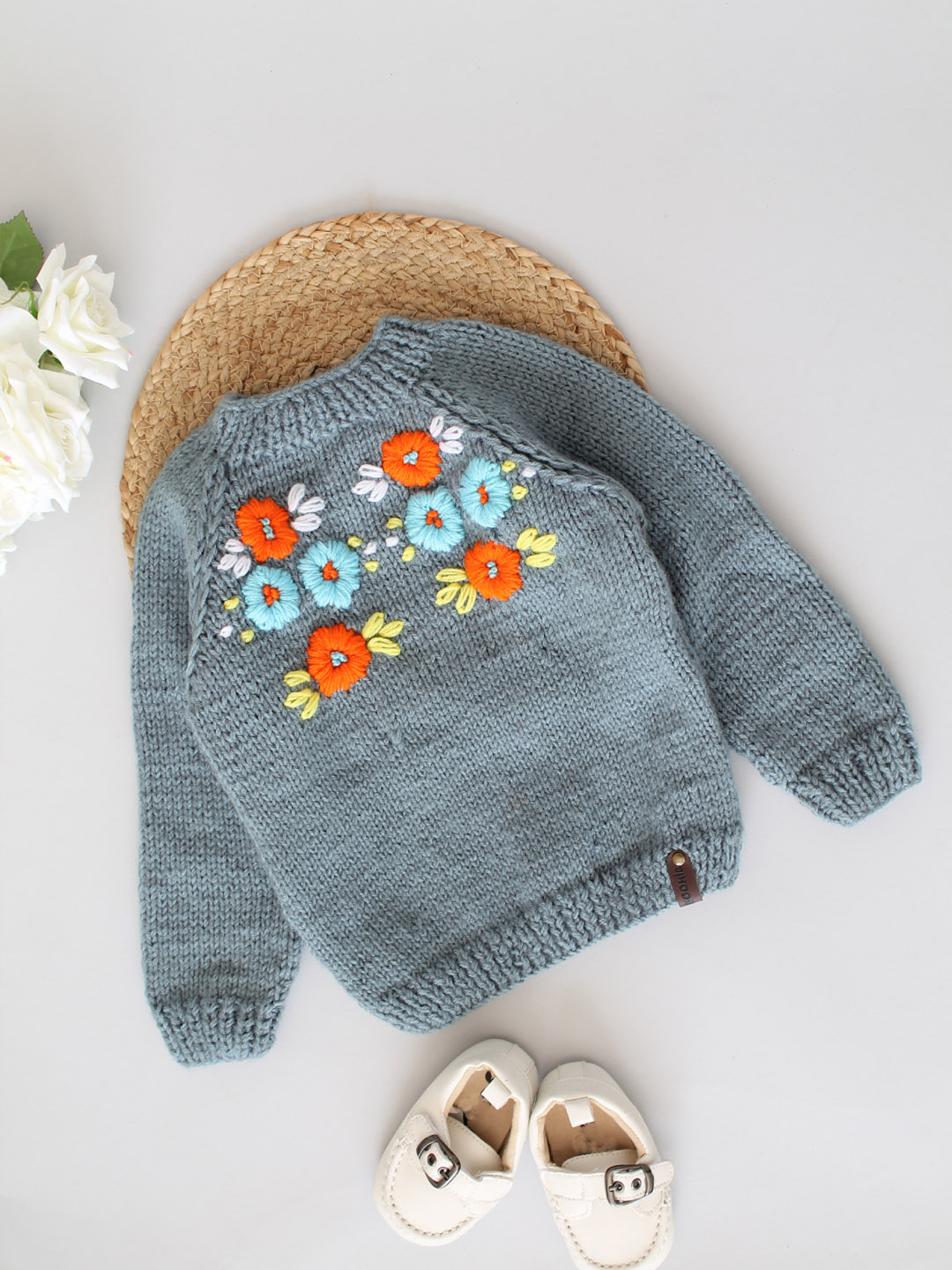 Handknitted Floral Embroidered Sweater for Kids - Light Grey