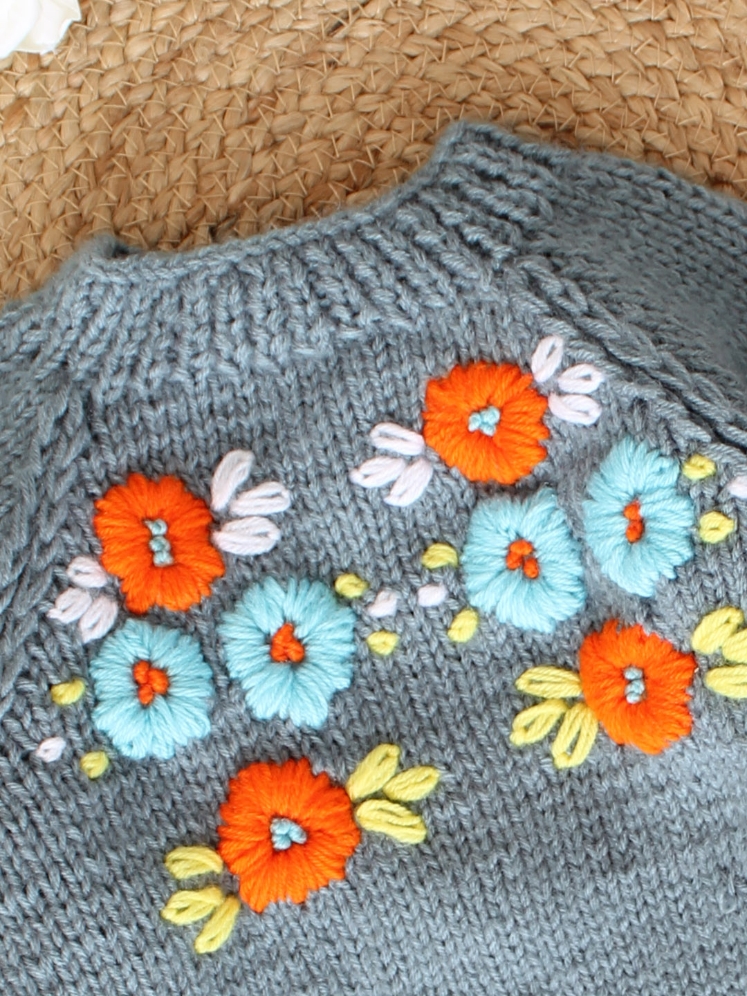 Handknitted Floral Embroidered Sweater for Kids - Light Grey