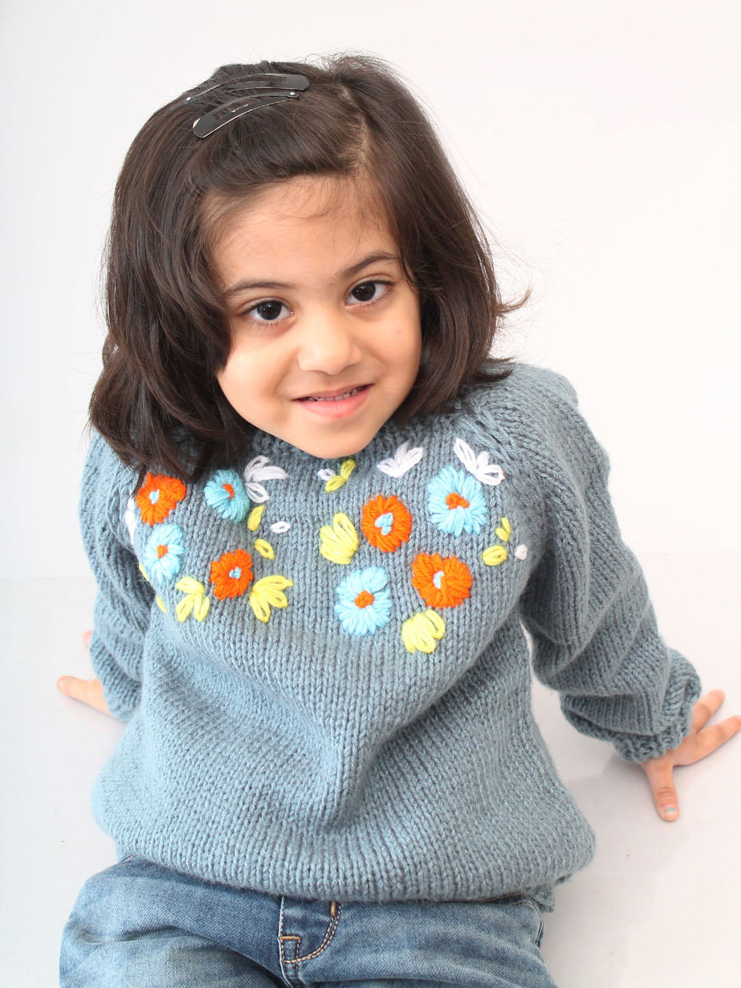 Handknitted Floral Embroidered Sweater for Kids - Light Grey