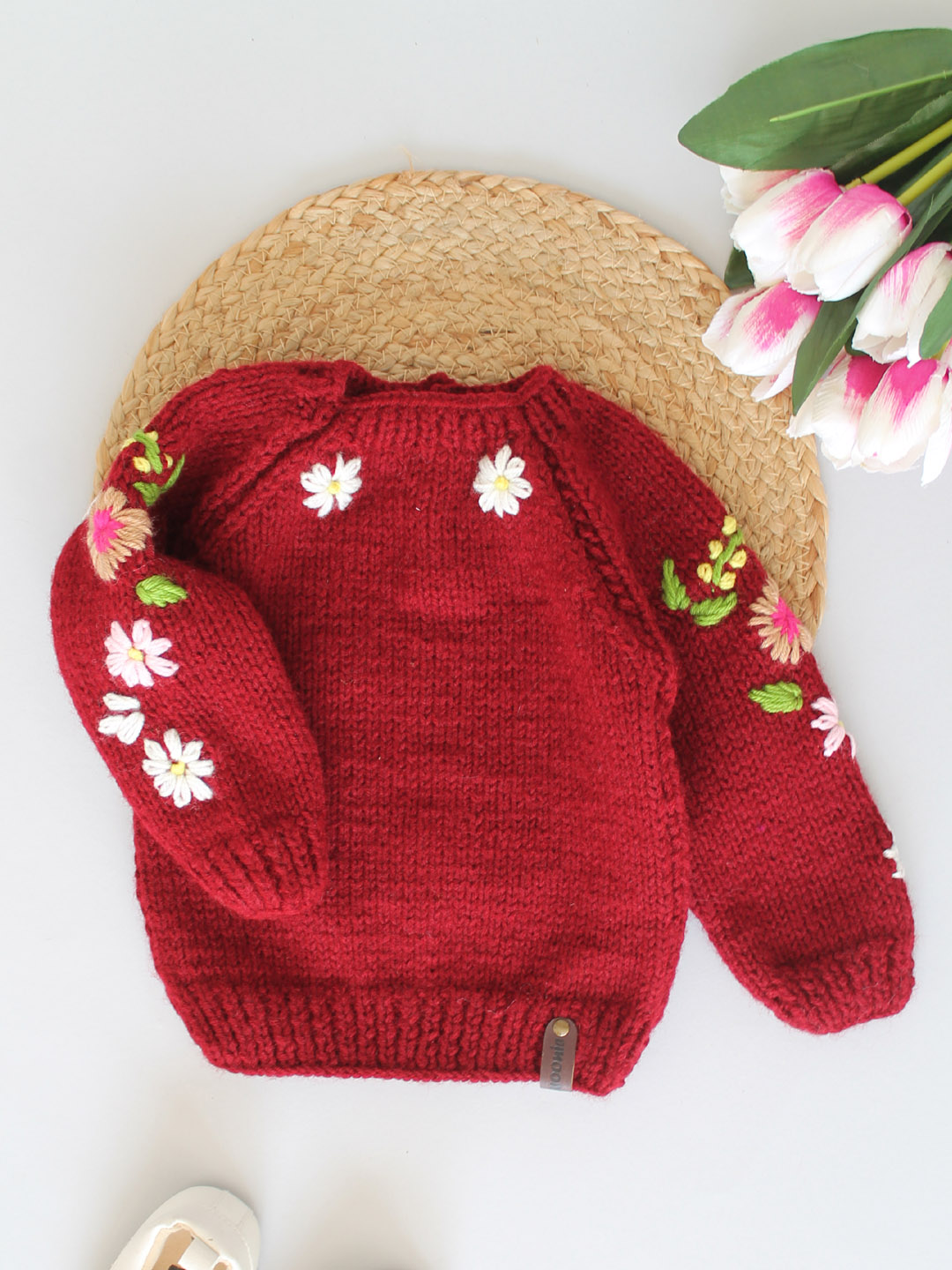 Handknitted Floral Embroidered Sweater for Kids Maroon