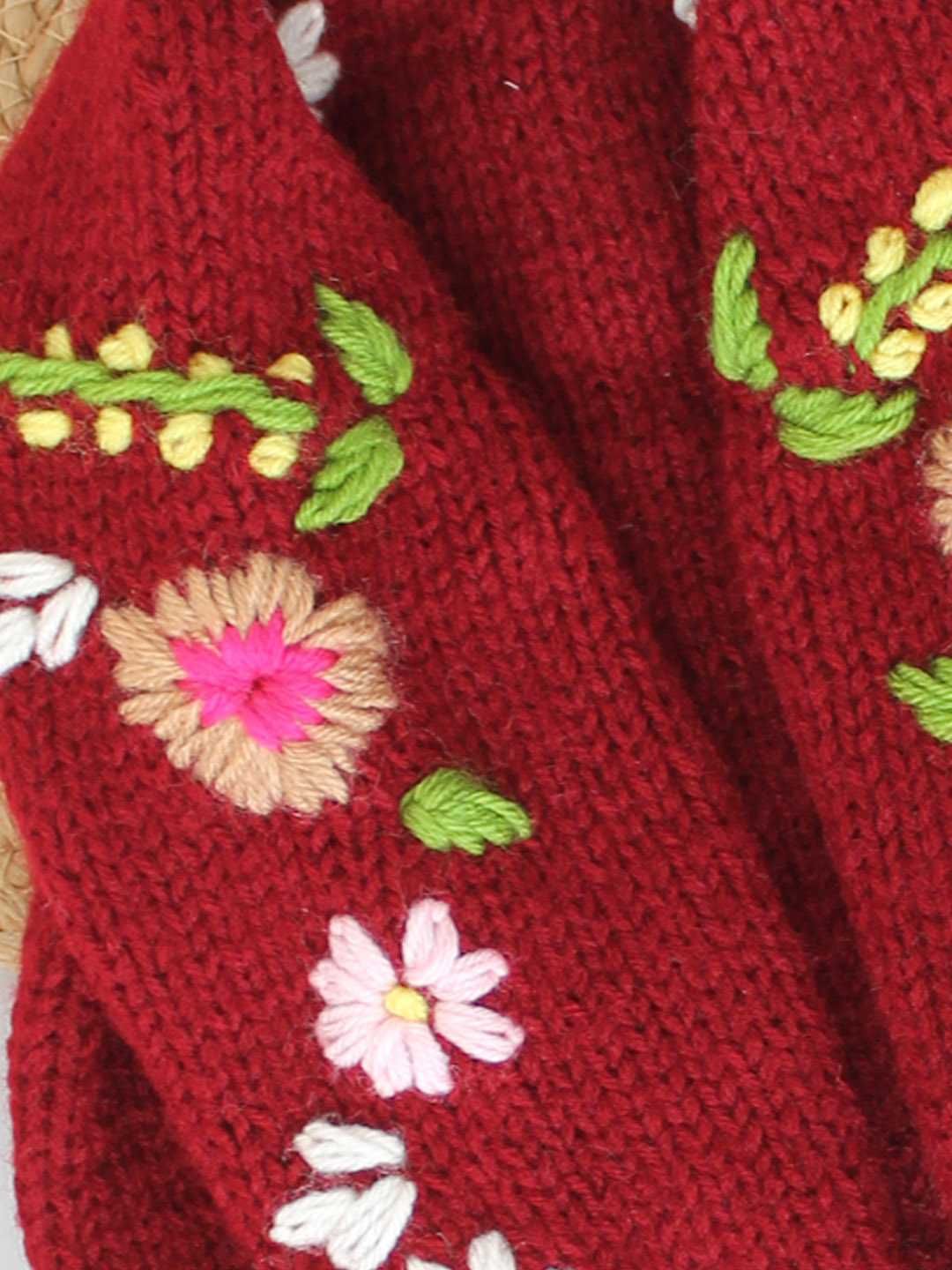 Handknitted Floral Embroidered Sweater for Kids - Maroon