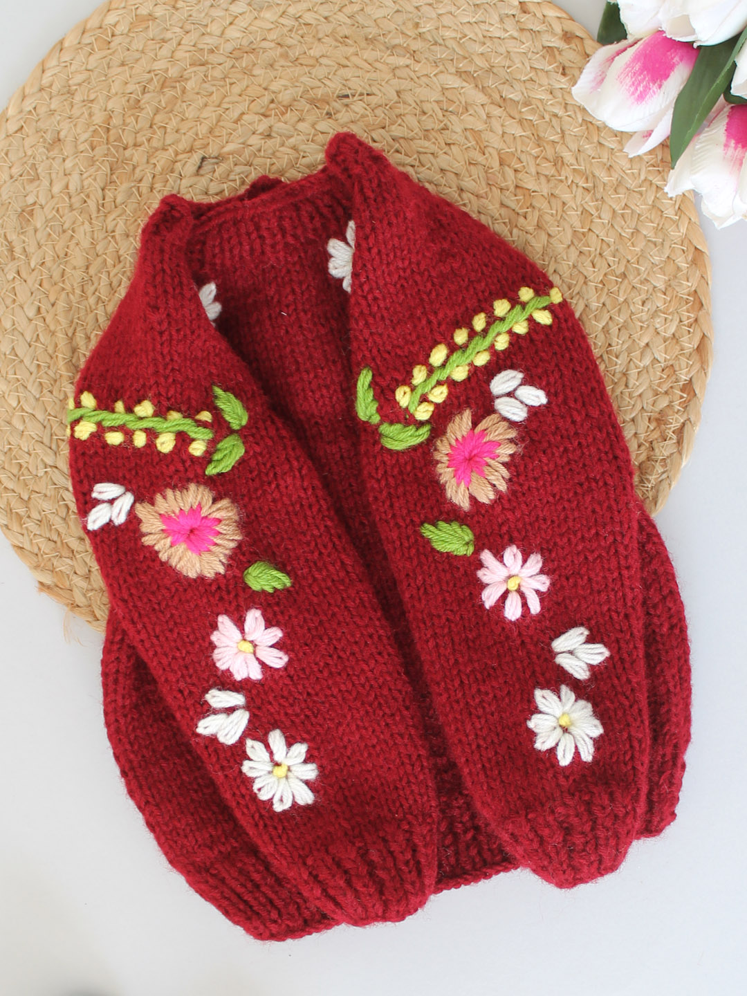 Handknitted Floral Embroidered Sweater for Kids - Maroon