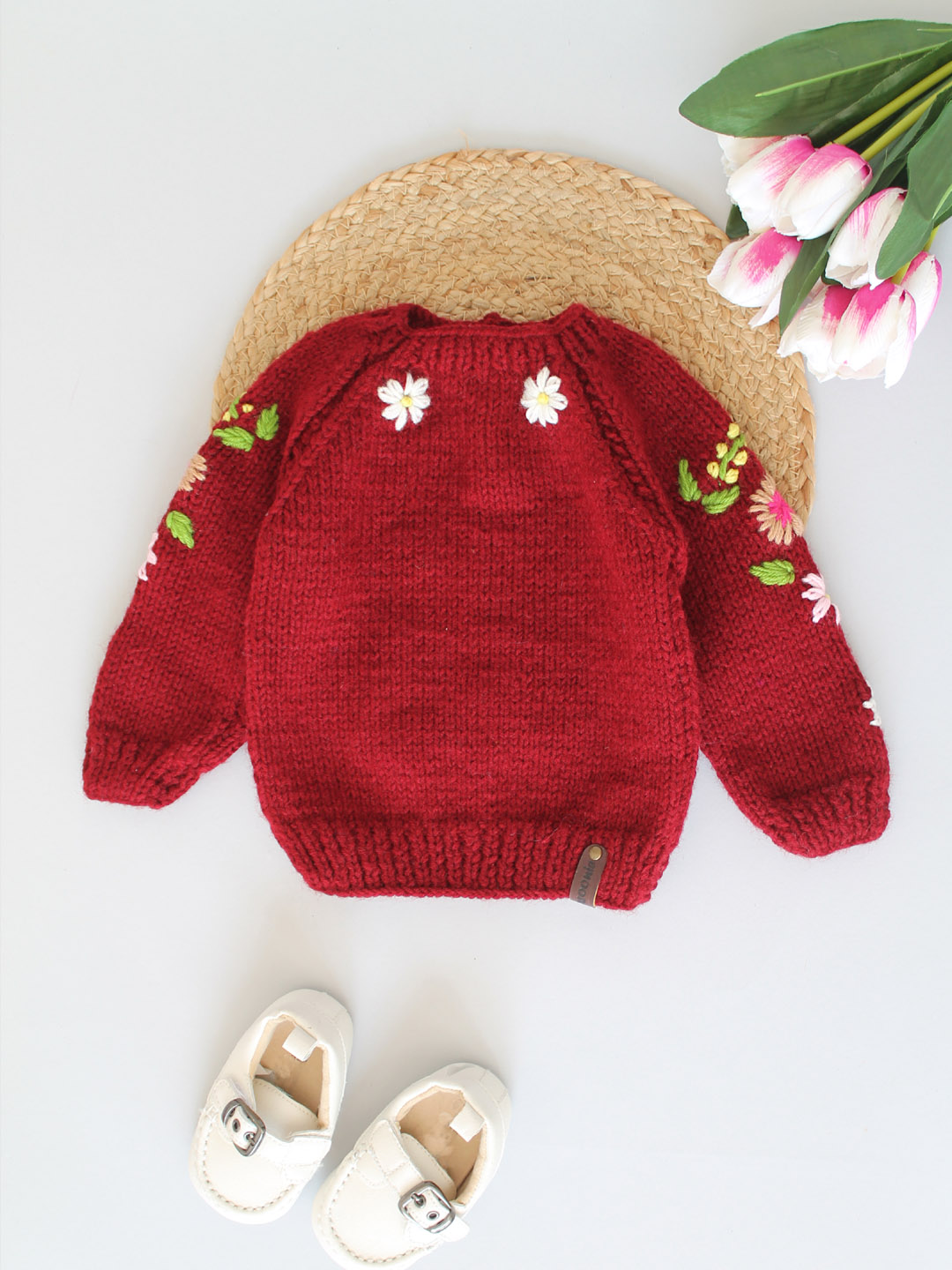 Handknitted Floral Embroidered Sweater for Kids - Maroon