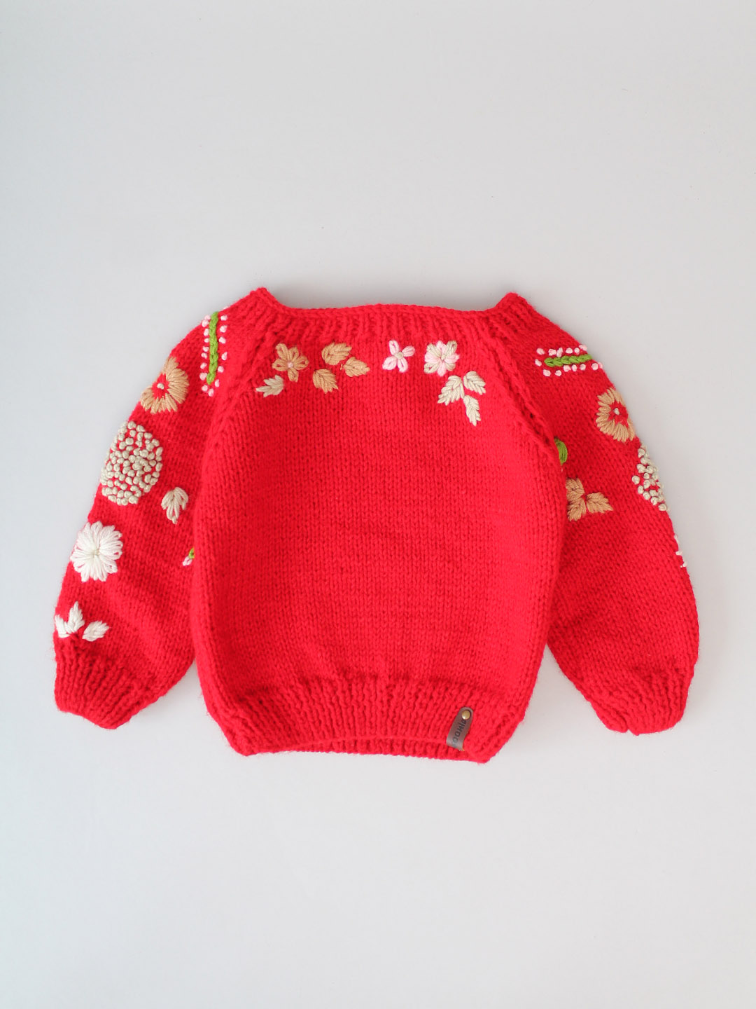 Handknitted Floral Embroidered Sweater for Kids - Red
