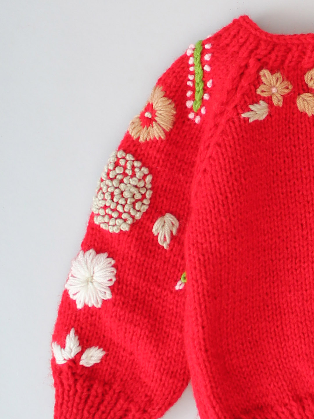 Handknitted Floral Embroidered Sweater for Kids - Red