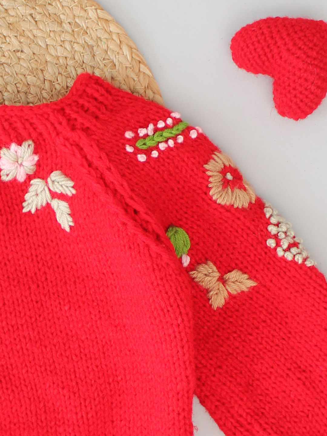 Handknitted Floral Embroidered Sweater for Kids - Red