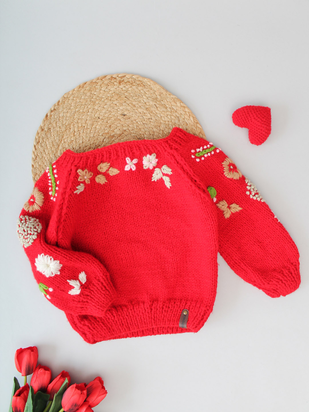 Handknitted Floral Embroidered Sweater for Kids - Red