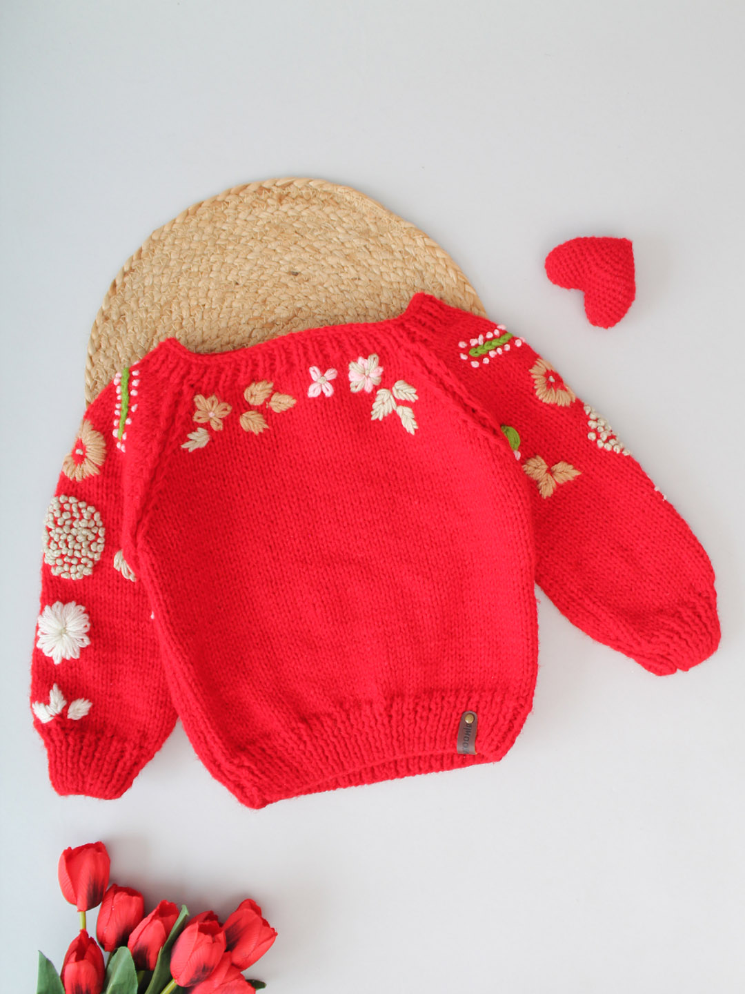 Handknitted Floral Embroidered Sweater for Kids - Red