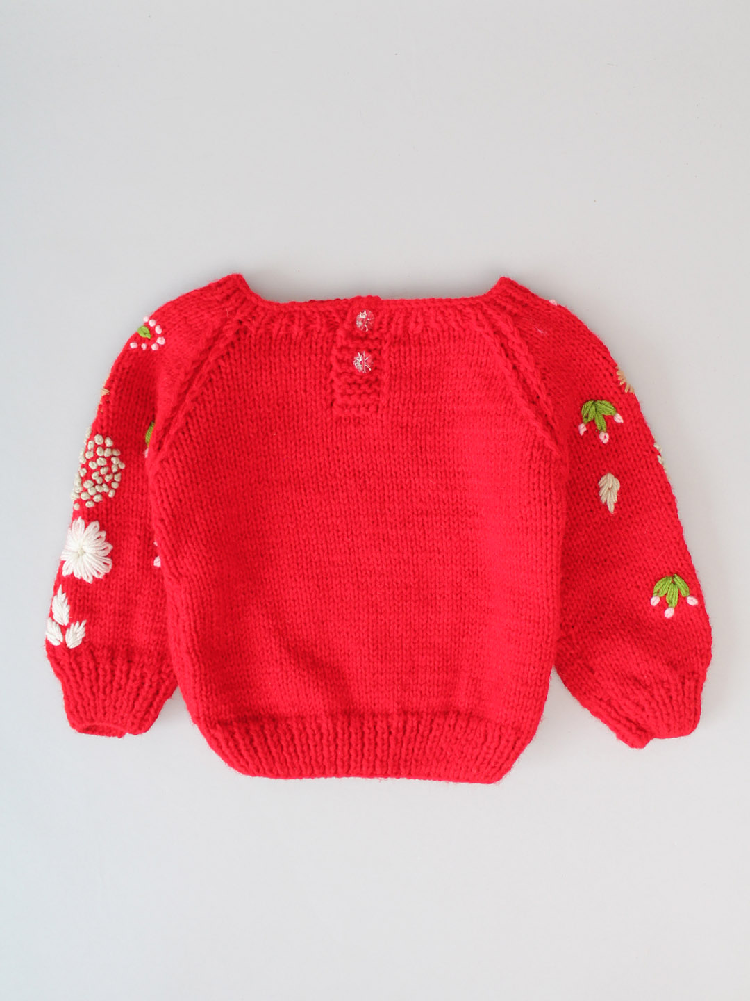 Handknitted Floral Embroidered Sweater for Kids - Red