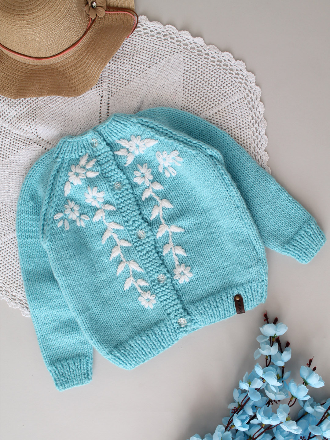 Handknitted Floral Embroidered Sweater for Kids - Sky Blue