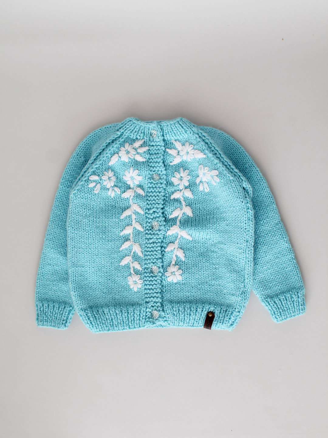 Handknitted Floral Embroidered Sweater for Kids - Sky Blue