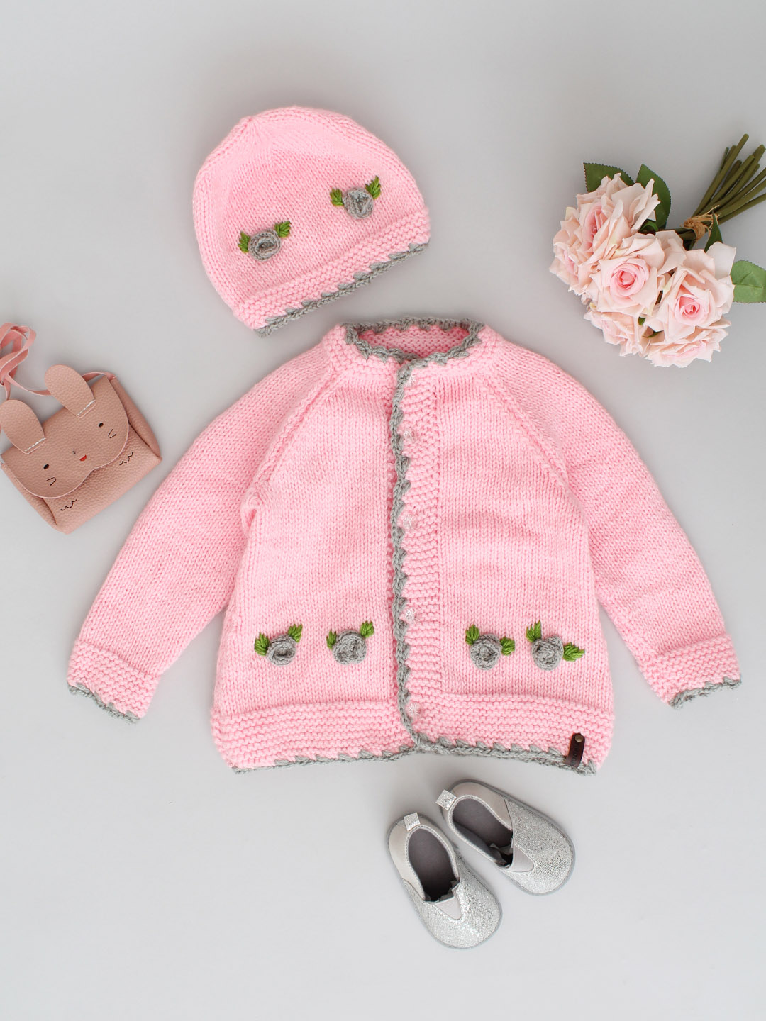 Handknitted Flower Applique Sweater with Cap - Pink