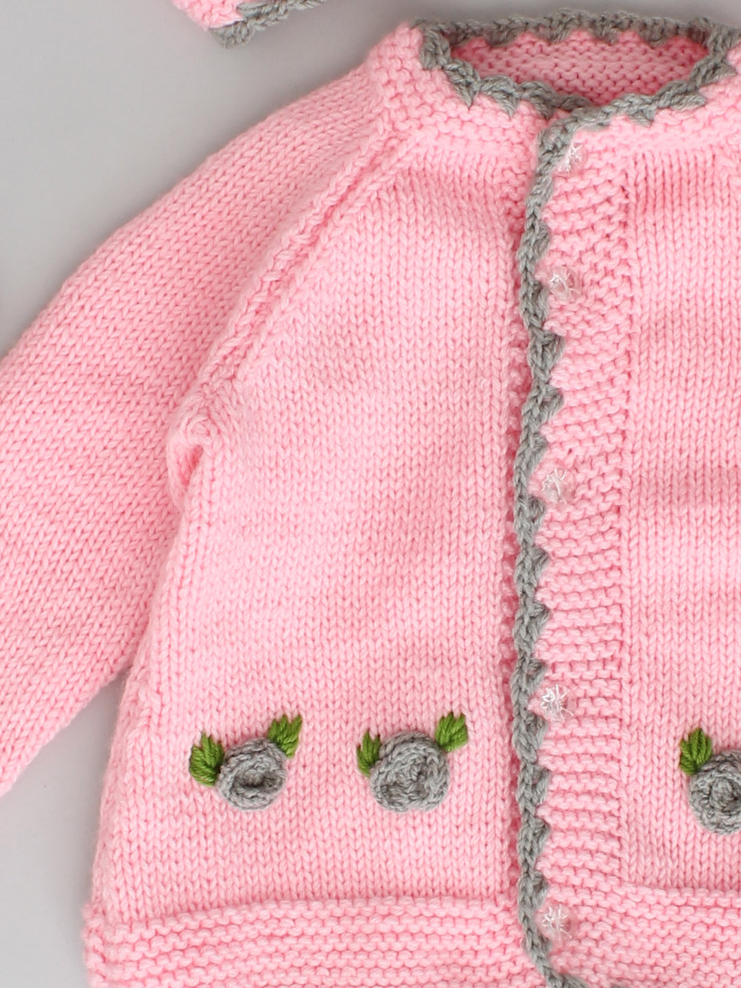 Handknitted Flower Applique Sweater with Cap - Pink