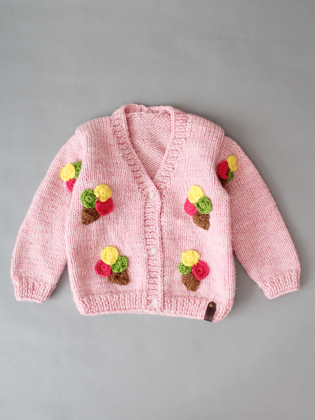 Handknitted Front Open Ice-Cream Sweater for Kids Pink