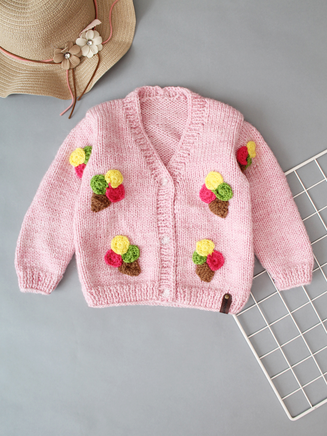 Woolen Sweater Girls Pink Sweater Handknitted Front Open Ice