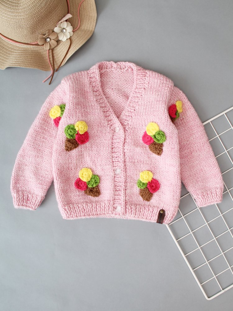 Handknitted Front Open Ice-Cream Sweater for Kids Pink