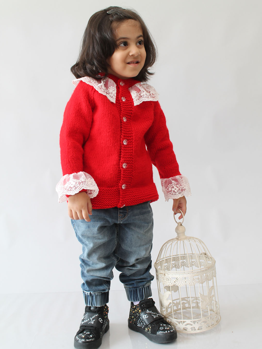Handknitted Front Open Lace Sweater for Kids - Red