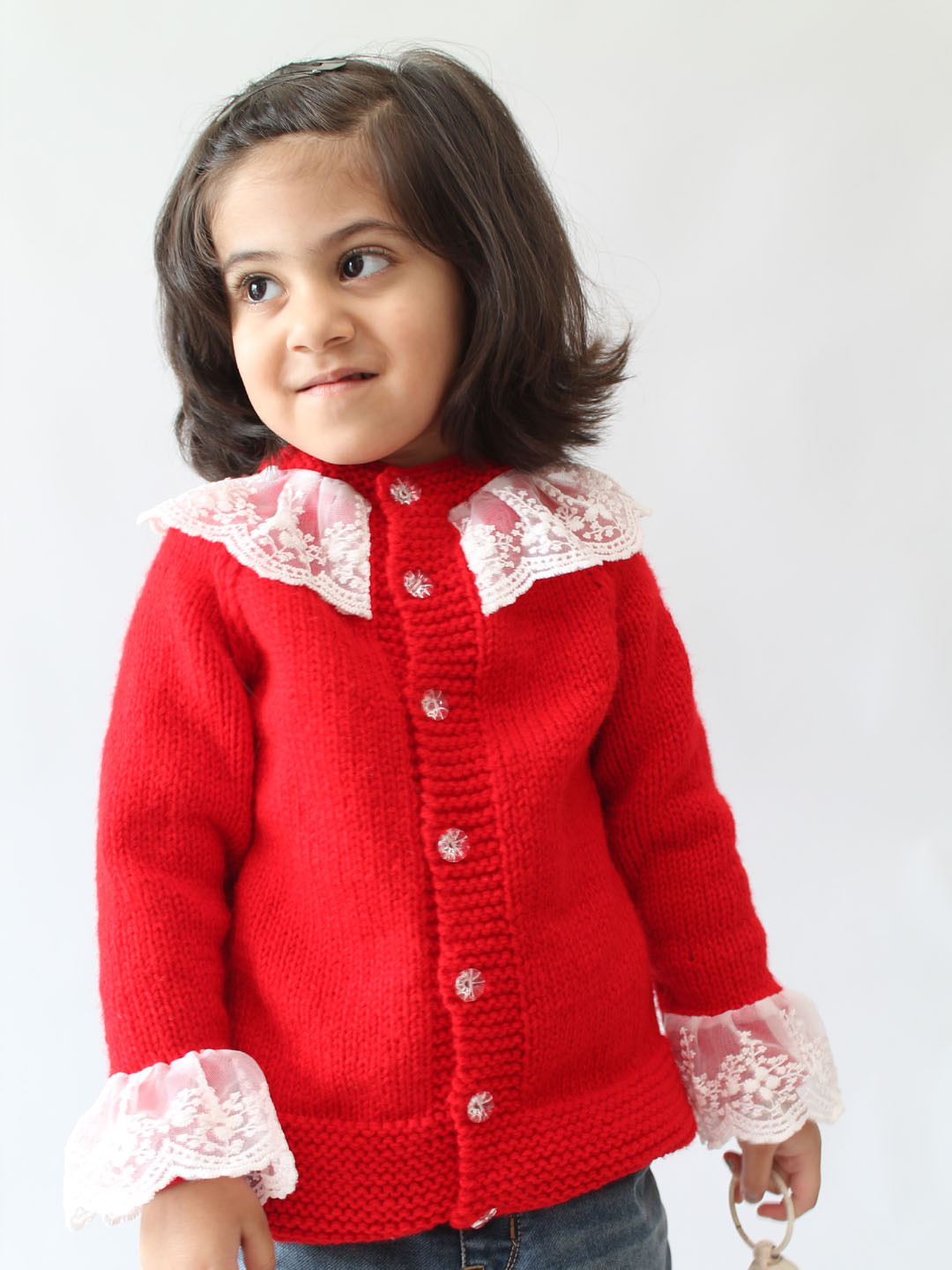 Handknitted Front Open Lace Sweater for Kids - Red