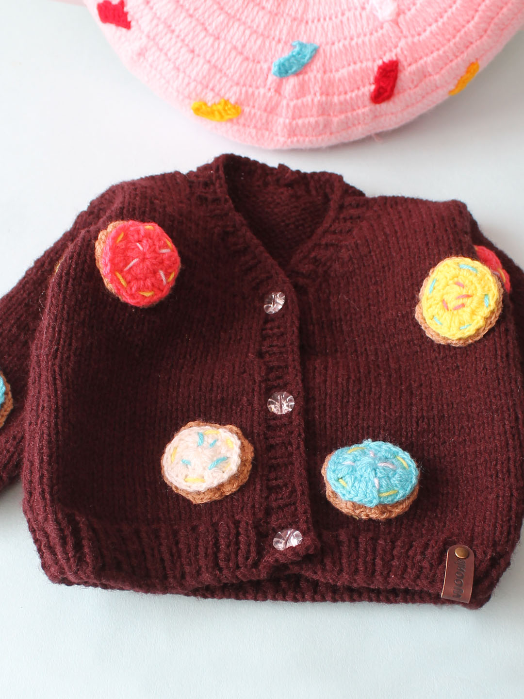 Handknitted Front Open Sweater with Doughnuts - Brown