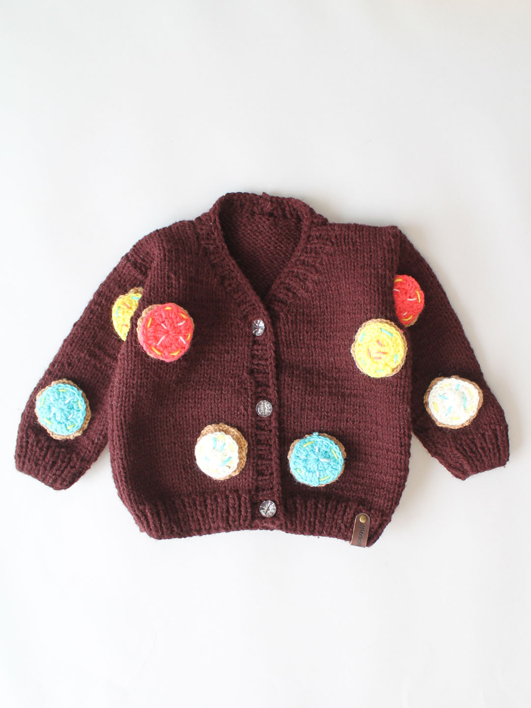 Handknitted Front Open Sweater with Doughnuts - Brown