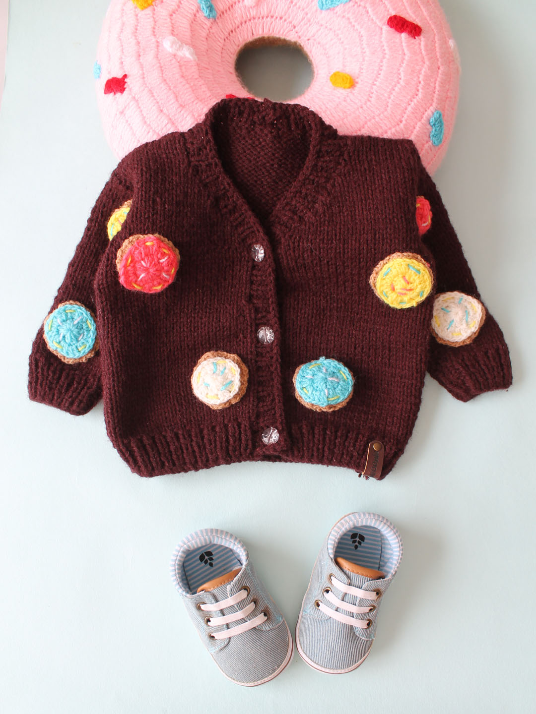 Handknitted Front Open Sweater with Doughnuts - Brown