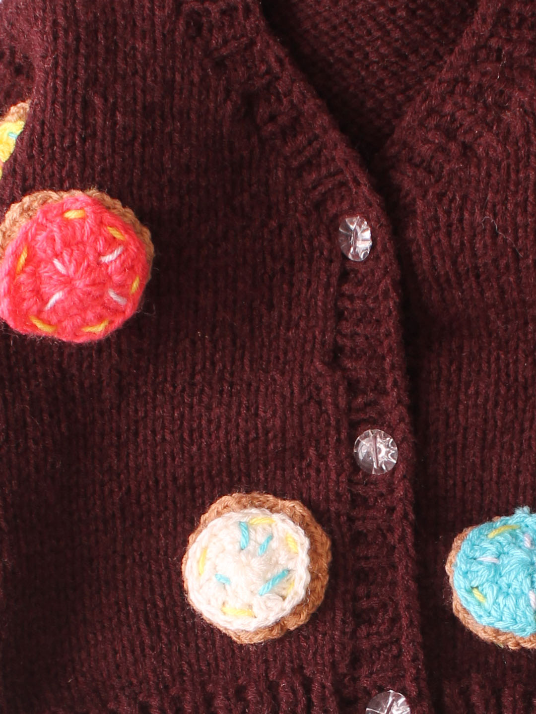 Handknitted Front Open Sweater with Doughnuts - Brown