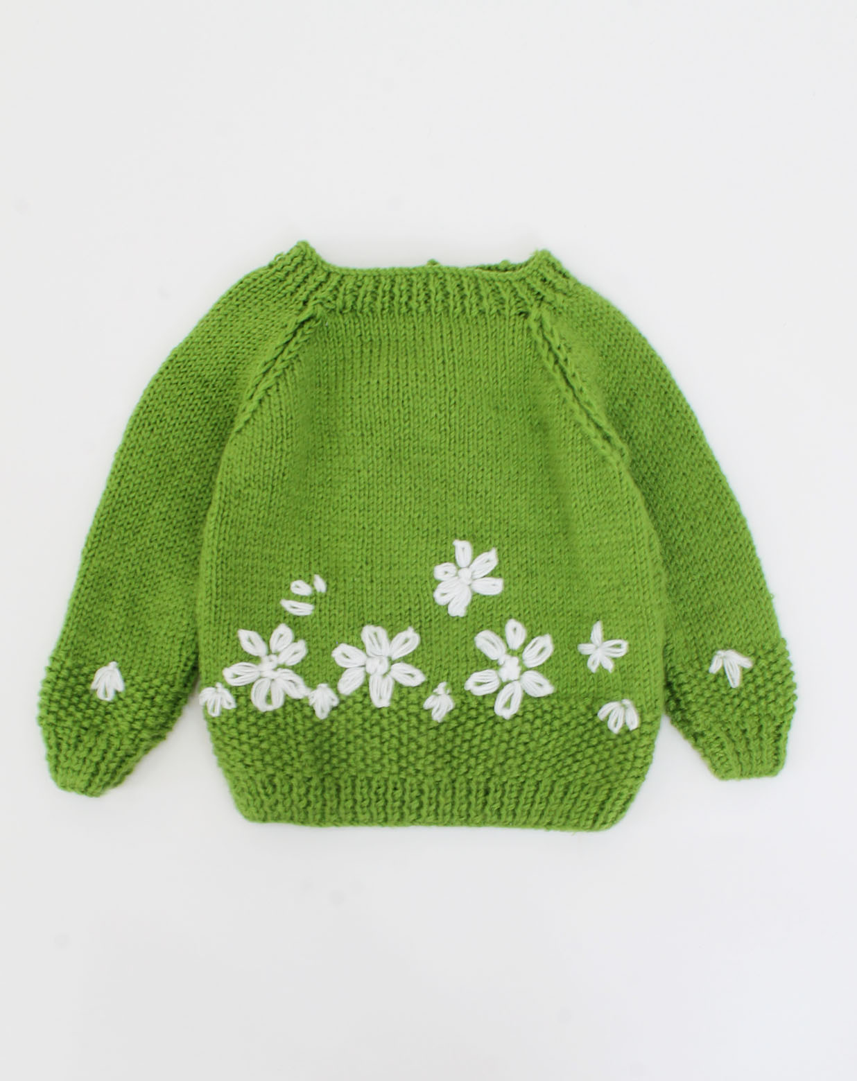 Handknitted Full Sleeves Floral Embroidered Sweater - Green