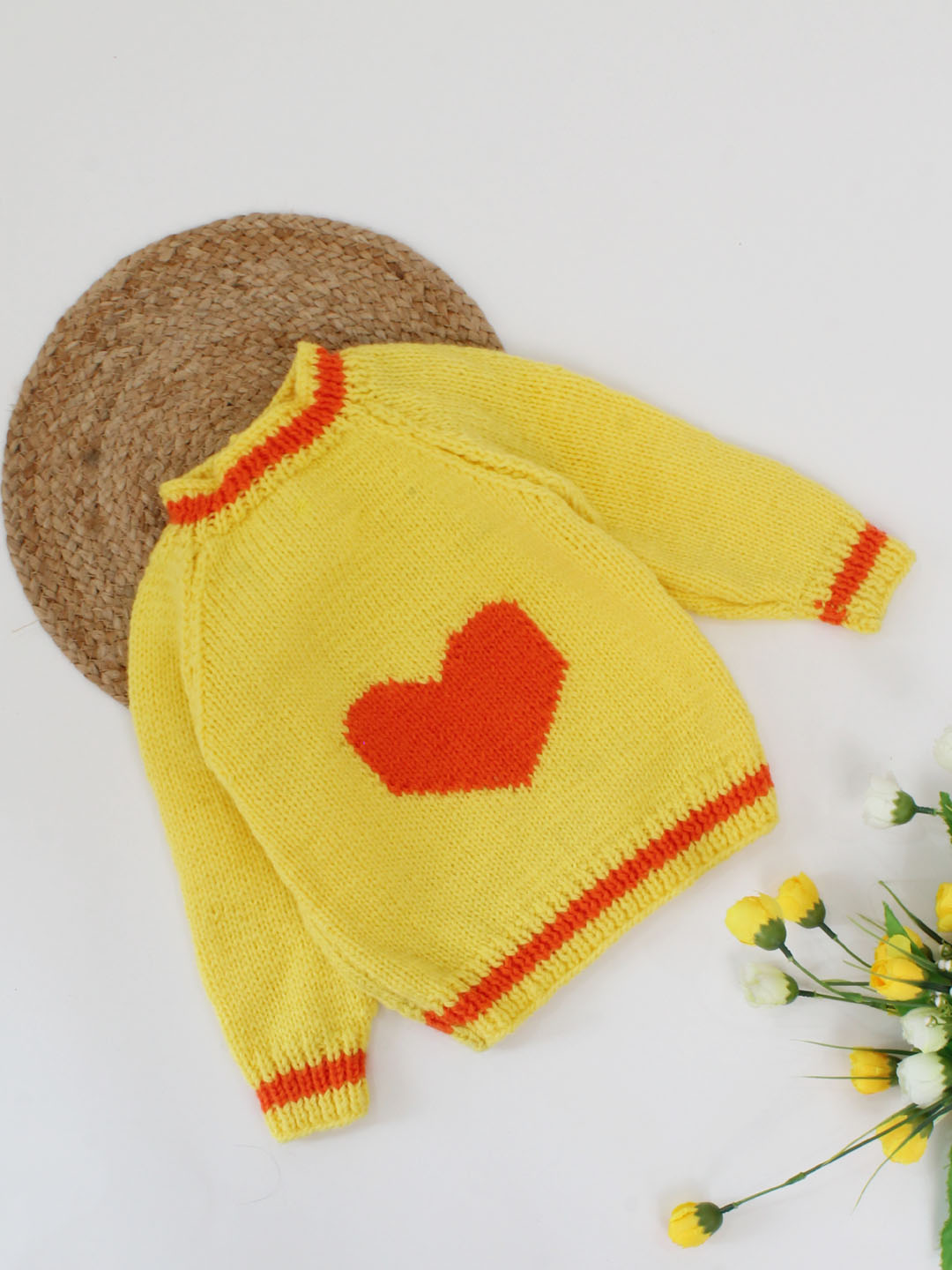 Handknitted Full Sleeves Heart Detailing Sweater - Yellow