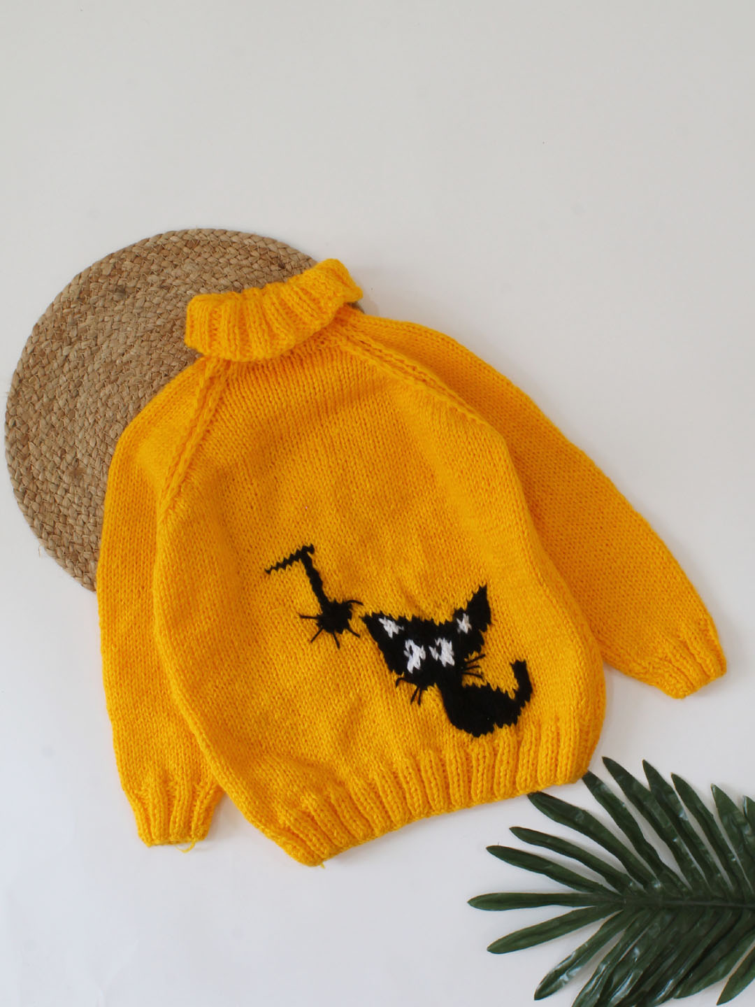 Handknitted Full Sleeves Kitty Design Sweater For Kids - Yellow