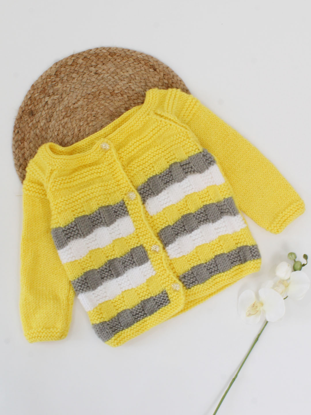 Handknitted Full Sleeves Self Design Sweater - Yellow