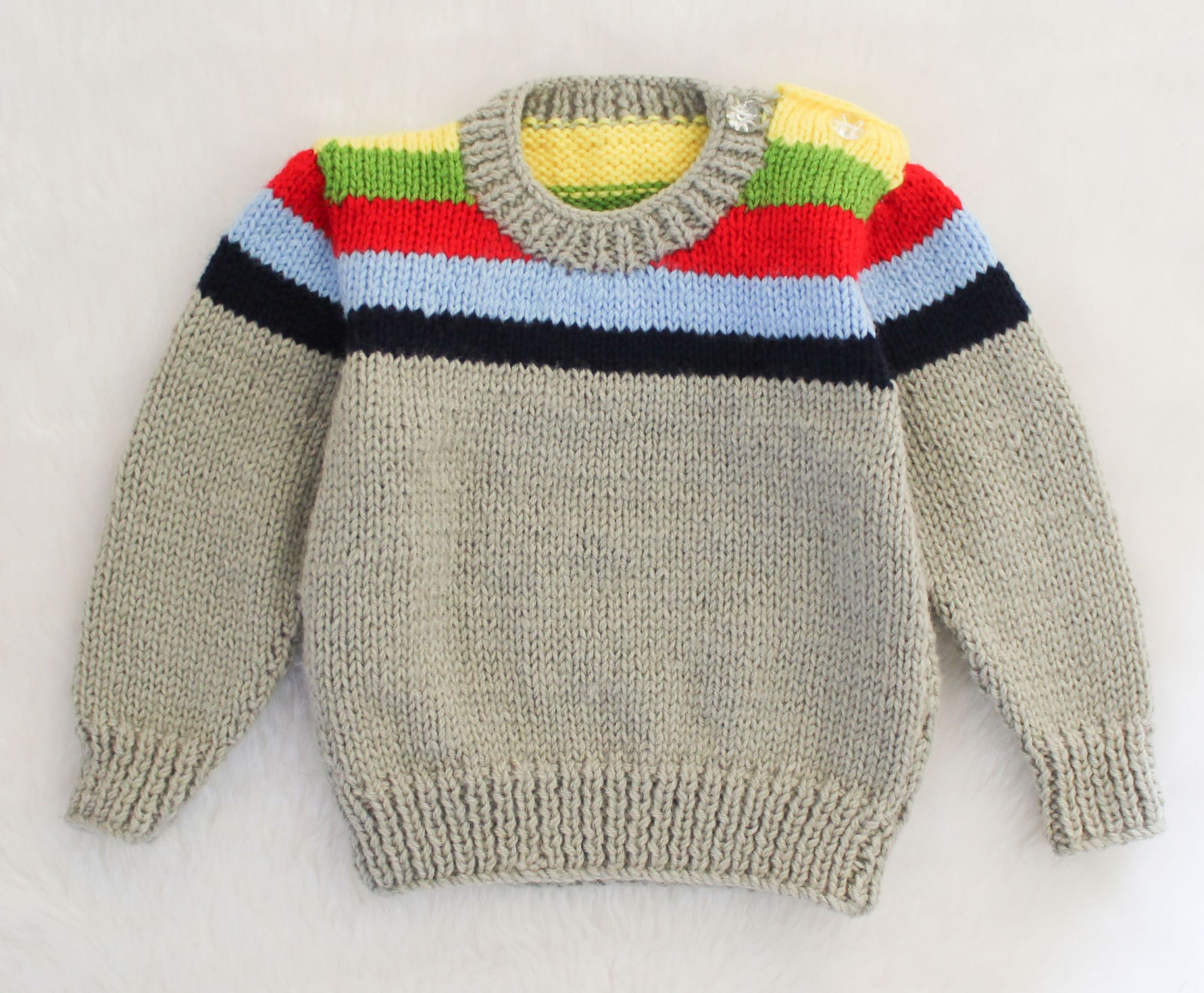 Handknitted Full Sleeves Striped Pullover For Kids - Grey