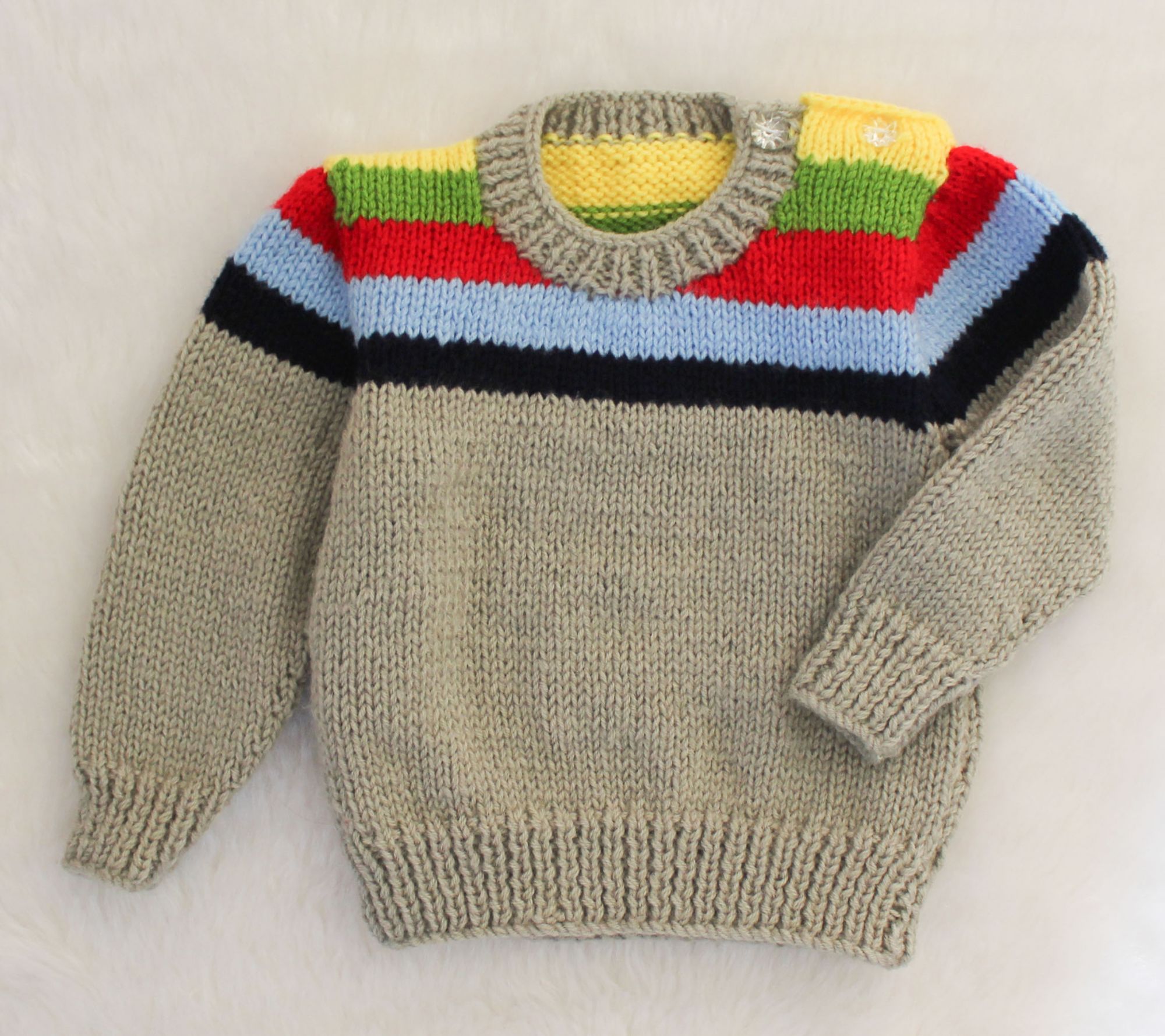 Handknitted Full Sleeves Striped Pullover For Kids - Grey