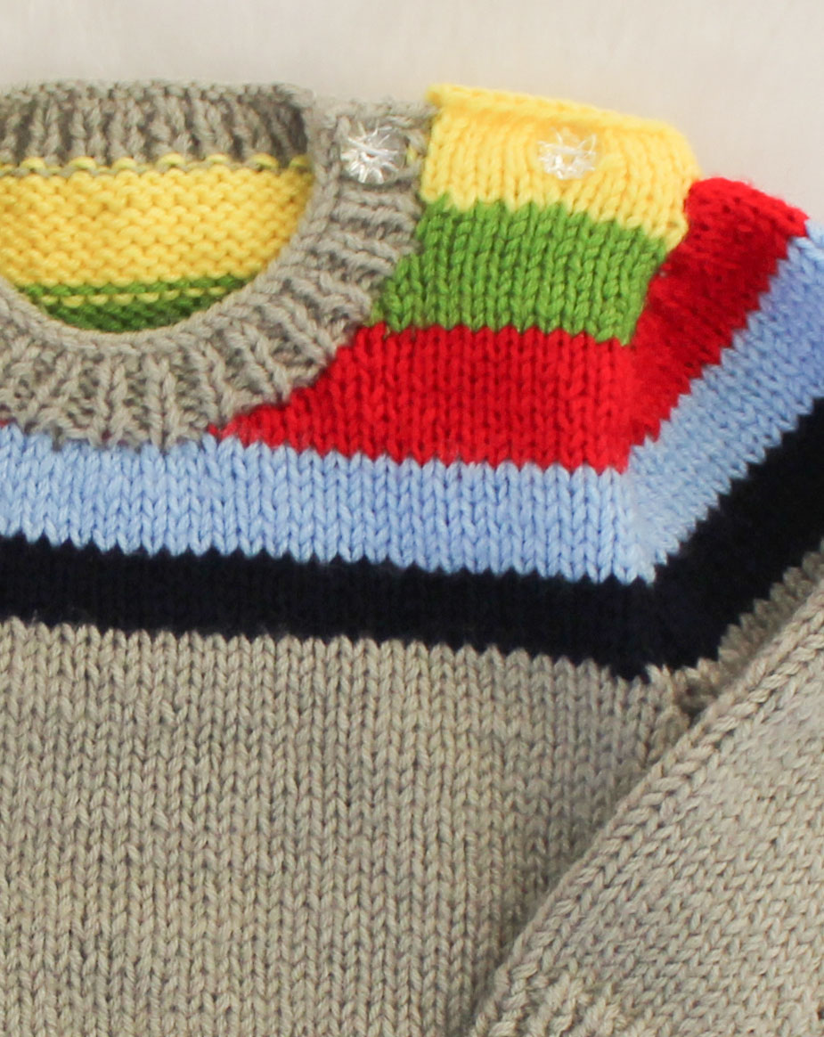 Handknitted Full Sleeves Striped Pullover For Kids - Grey