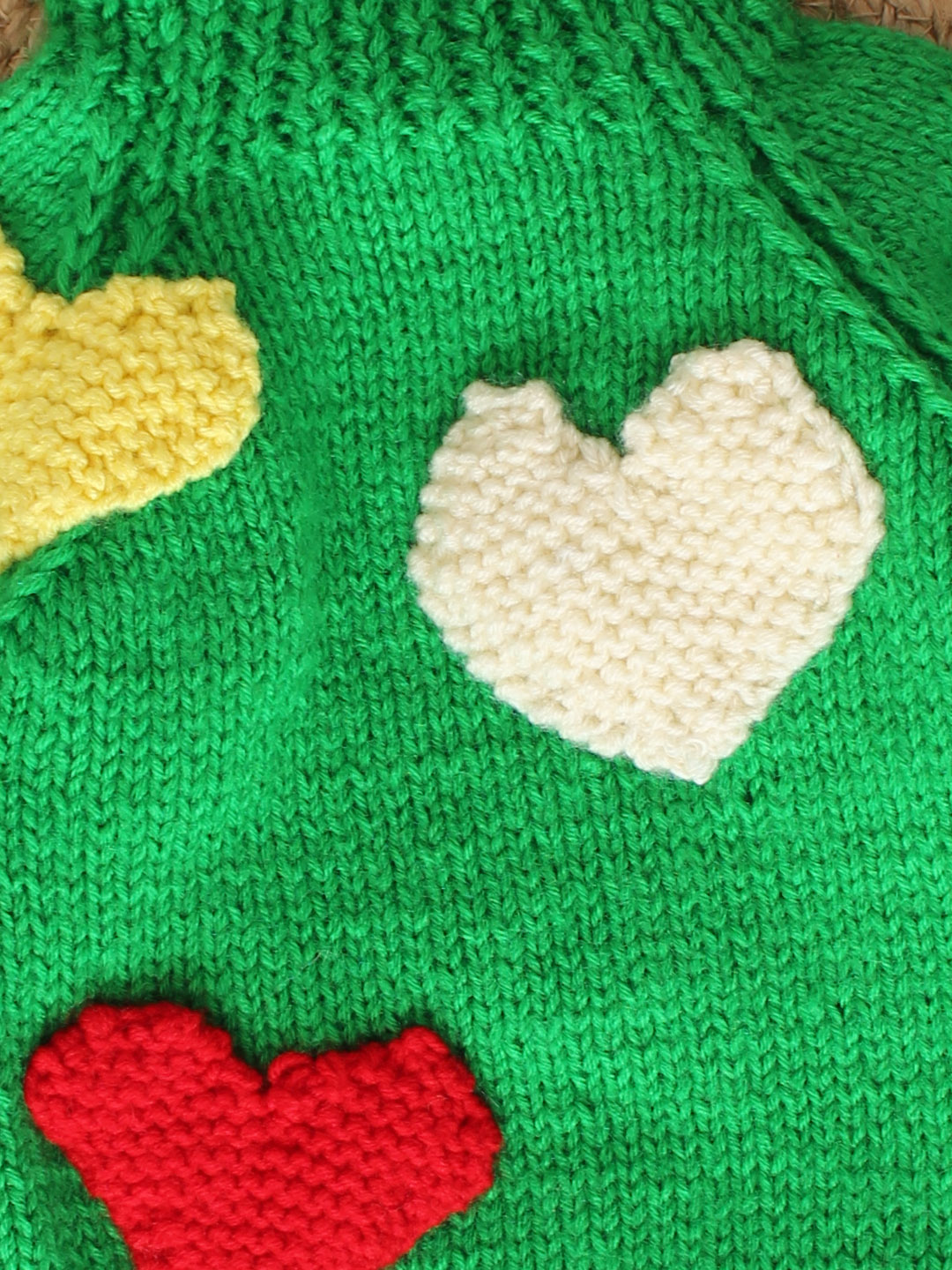 Handknitted Green Sweater With Heart Appliques