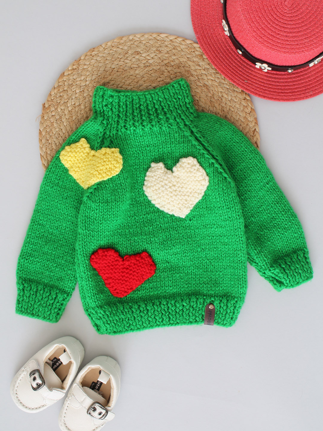 Handknitted Green Sweater With Heart Appliques