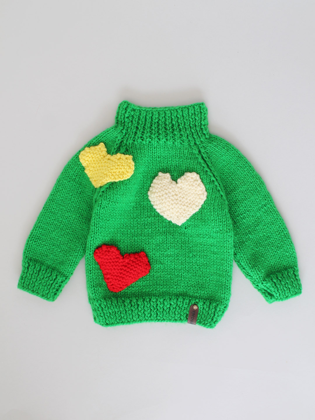 Handknitted Green Sweater With Heart Appliques