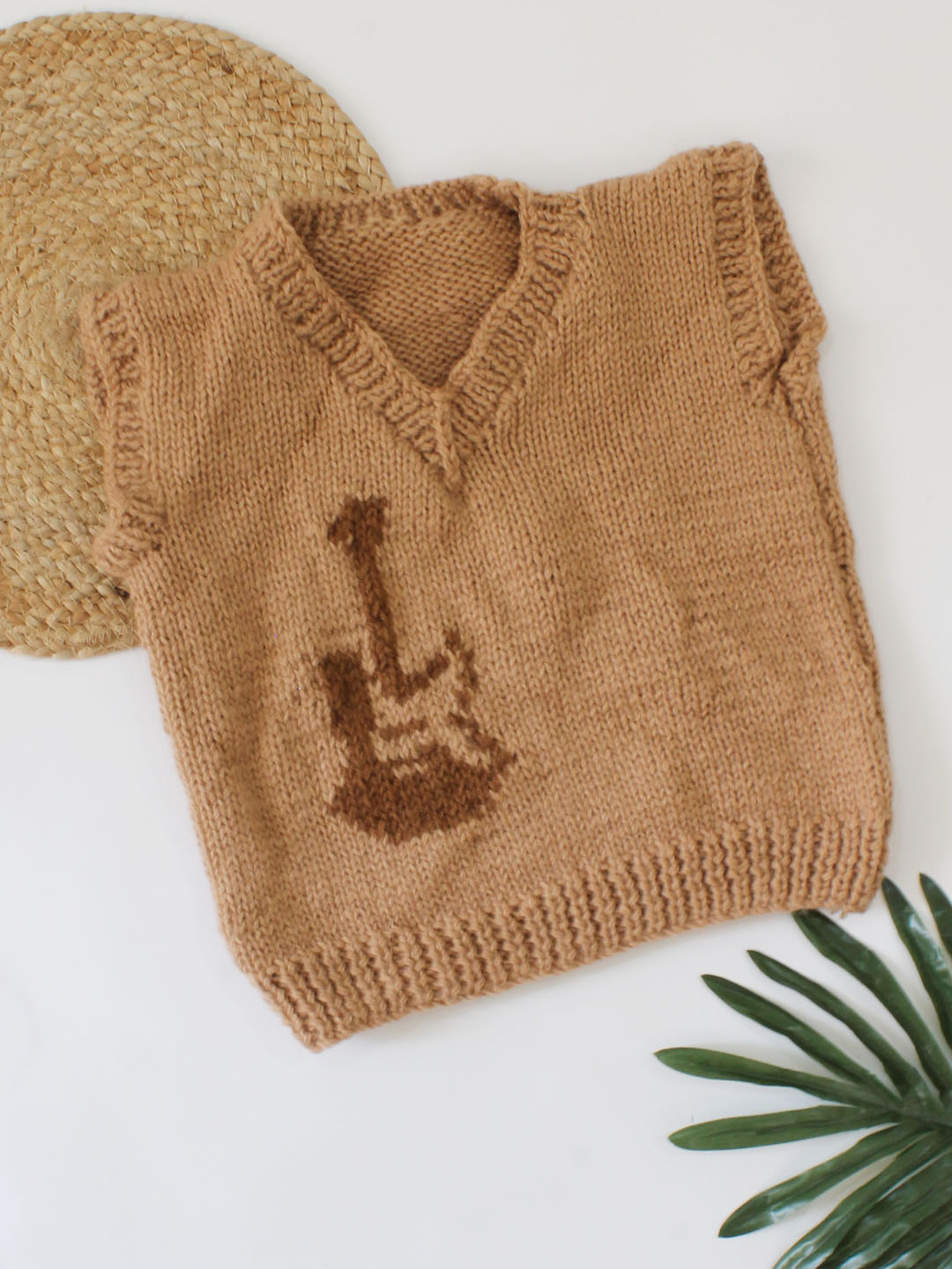 Handknitted Half Sleeve Guitar Detailing Beige Sweater For Kids