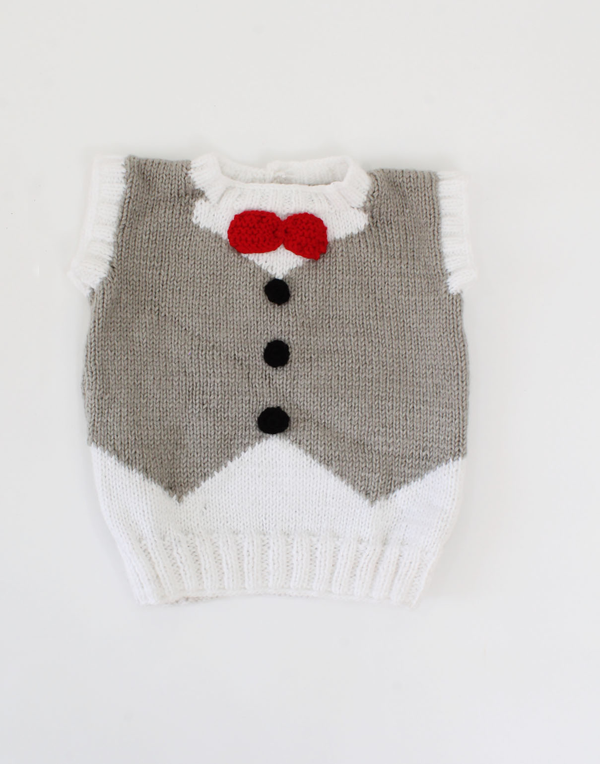Handknitted Half Sleeve Waistcoat Pattern Bow Sweater - Grey