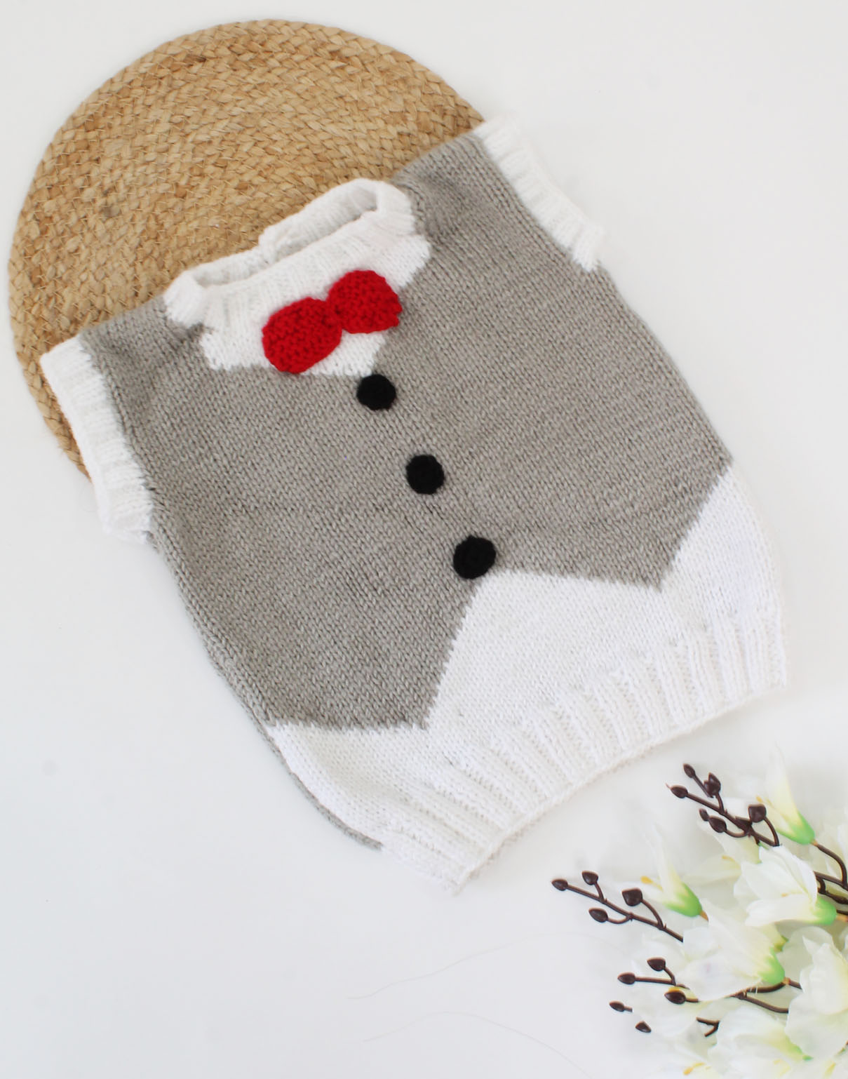 Handknitted Half Sleeve Waistcoat Pattern Bow Sweater - Grey