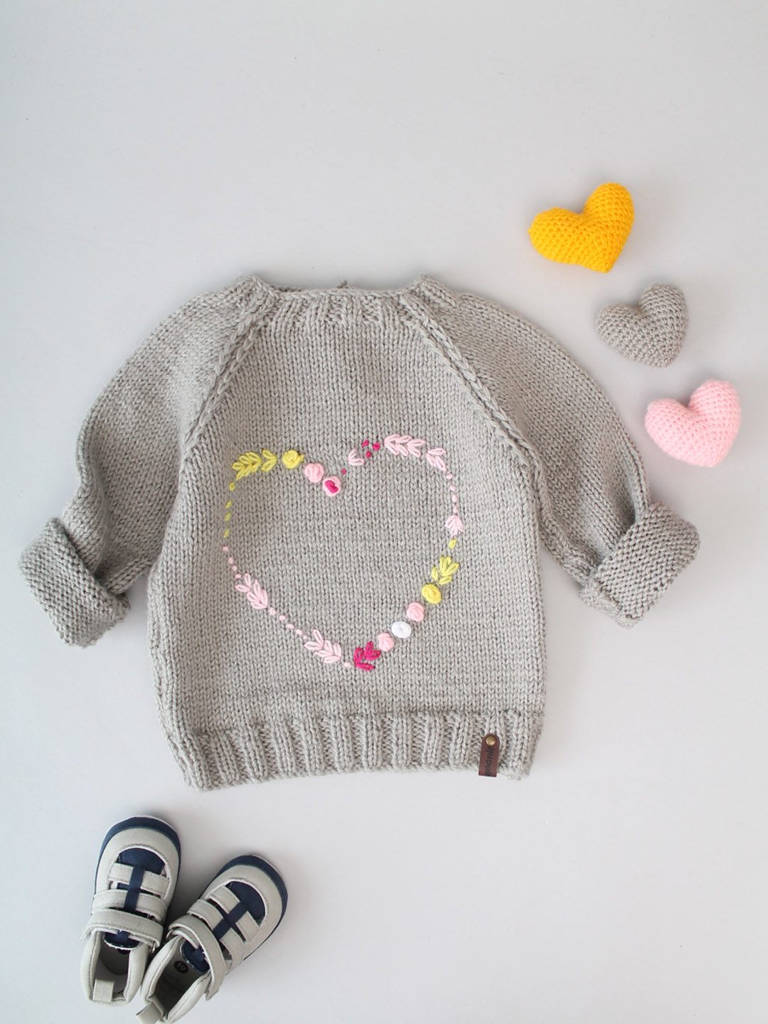 Handknitted Heart Embroidered Sweater for Kids - Grey